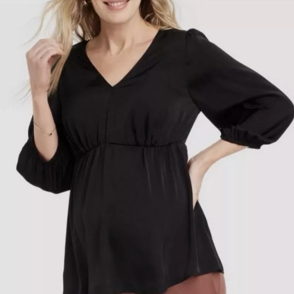 Isabel Maternity Black Elbow Sleeve Woven Back Cut Out Maternity Top